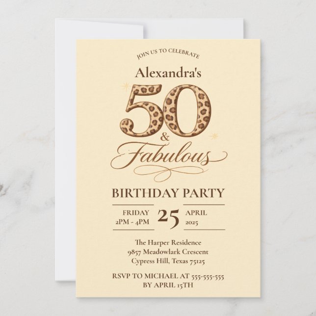 Leopard Neutral 50 & Fabulous Birthday Invitation (Front)