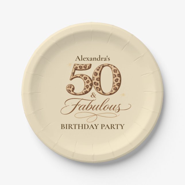 Leopard Neutral 50 & Fabulous Birthday Paper Plate (Front)