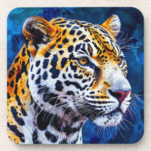 Leopard on blue background coaster