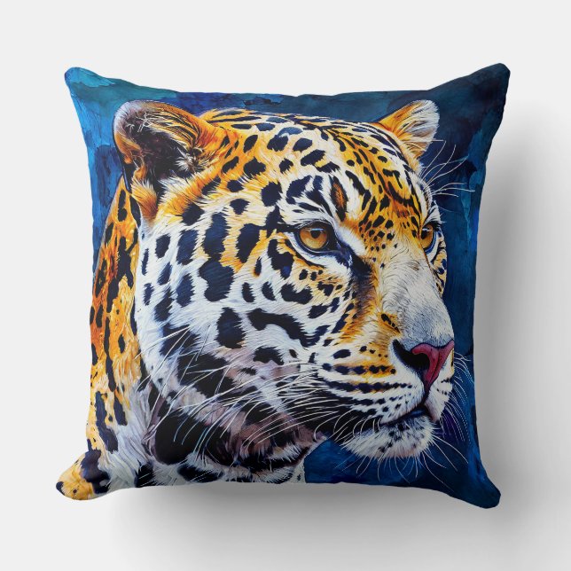 Leopard on blue background cushion (Front)