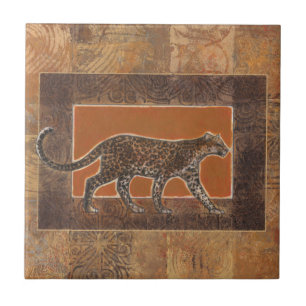 Leopard on Orange and Brown Background Tile