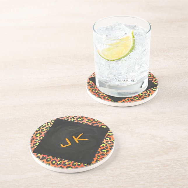 Leopard Orange and Yellow Monogram Coaster (Side)