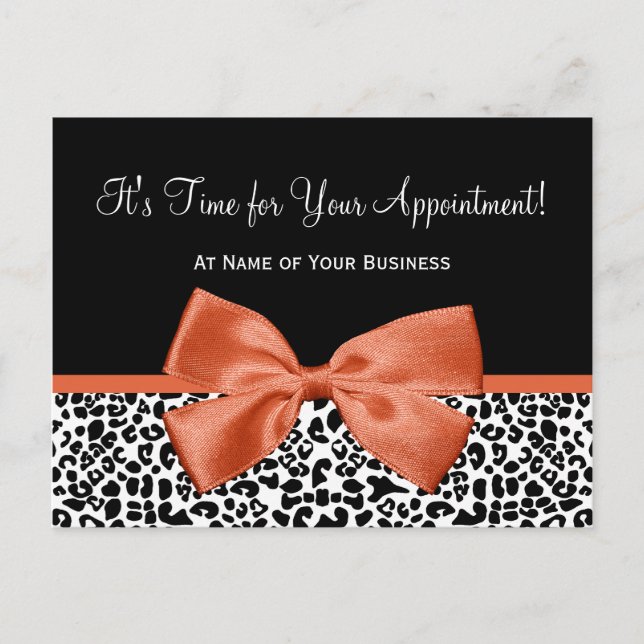 Leopard Orange Bow Salon Appointment Reminder Postcard (Front)