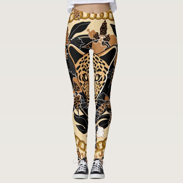 Leopard Orchids Tropical Seamless Pattern Leggings (Front)