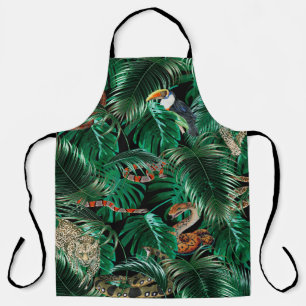 leopard, parrots and snakes in the dark forest. apron