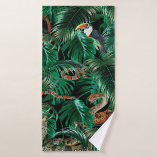 leopard, parrots and snakes in the dark forest.  bath towel