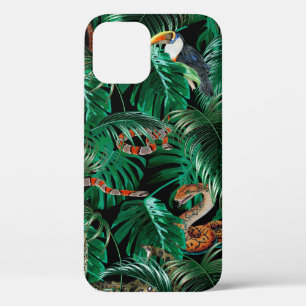 leopard, parrots and snakes in the dark forest. iPhone 12 case