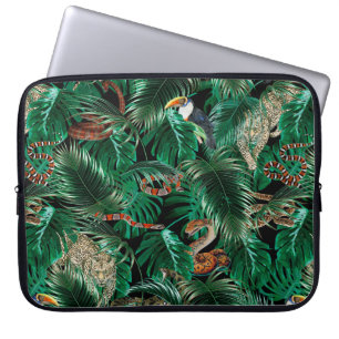 leopard, parrots and snakes in the dark forest. laptop sleeve