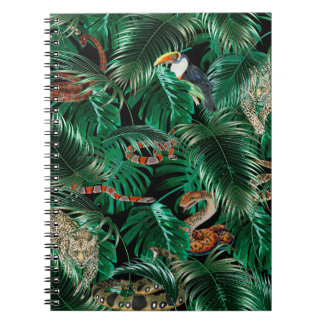 leopard, parrots and snakes in the dark forest.  notebook