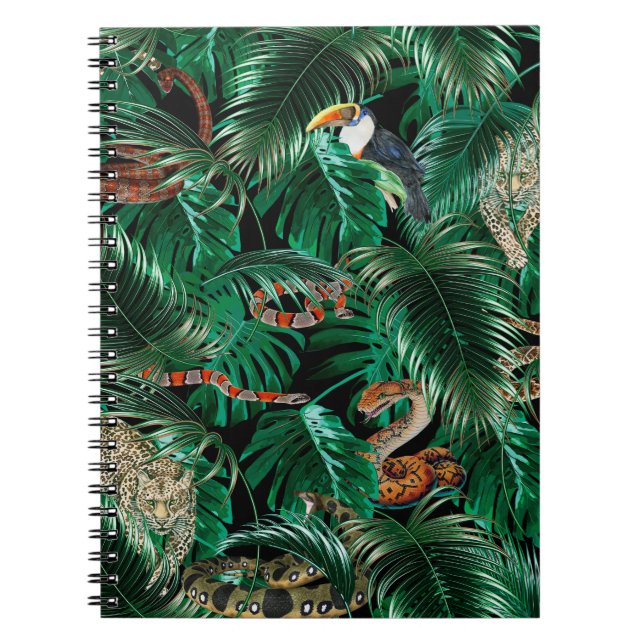 leopard, parrots and snakes in the dark forest.  notebook (Front)