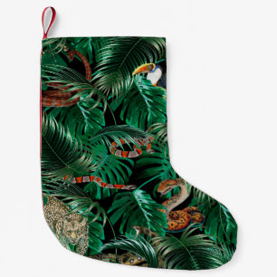 leopard, parrots and snakes in the dark forest. small christmas stocking