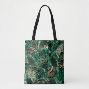 leopard, parrots and snakes in the dark forest. tote bag