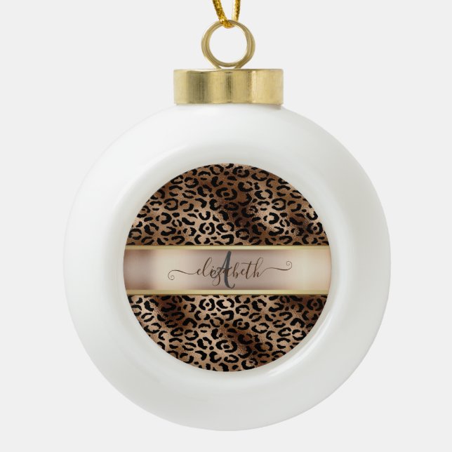 Leopard Pattern Black Bronze Monogram    Ceramic Ball Christmas Ornament (Front)