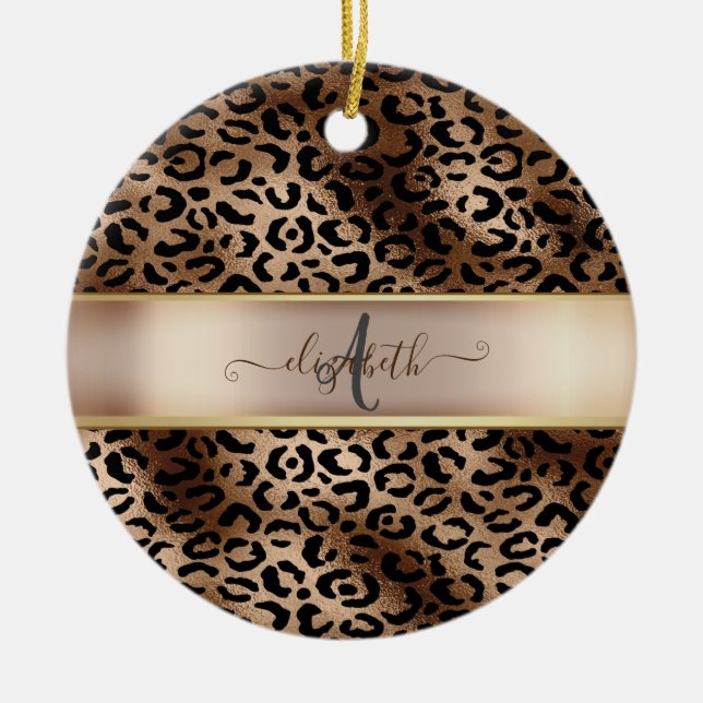 Leopard Pattern Black Bronze Monogram   Ceramic Ornament (Front)