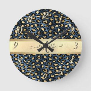 Leopard Pattern Black Bronze Monogram   Round Clock