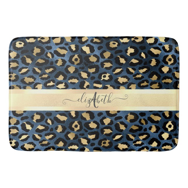 Leopard Pattern Blue Gold Monogram Bath Mat (Front)