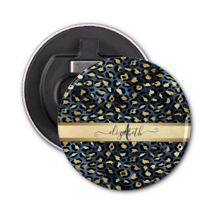 Leopard Pattern Blue Gold Monogram Bottle Opener