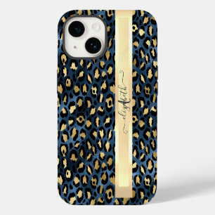 Leopard Pattern Blue Gold Monogram iPhone 14 Case