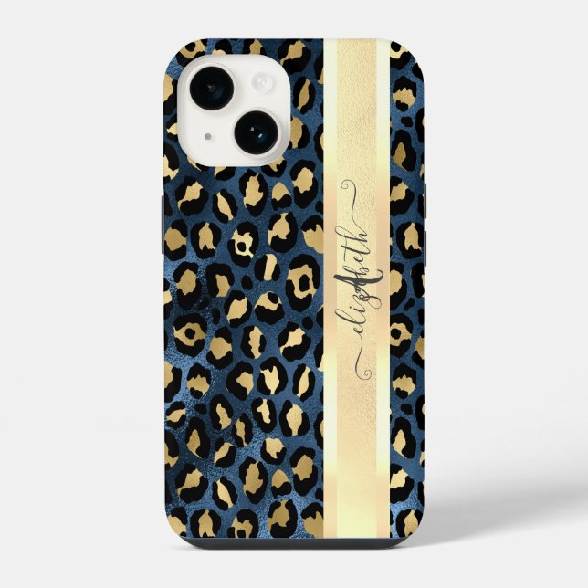Leopard Pattern Blue Gold Monogram   iPhone Case (Back)