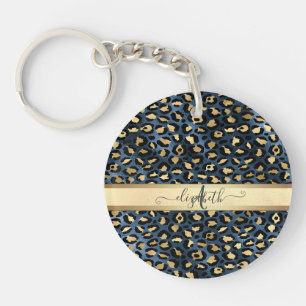 Leopard Pattern Blue Gold Monogram Key Ring