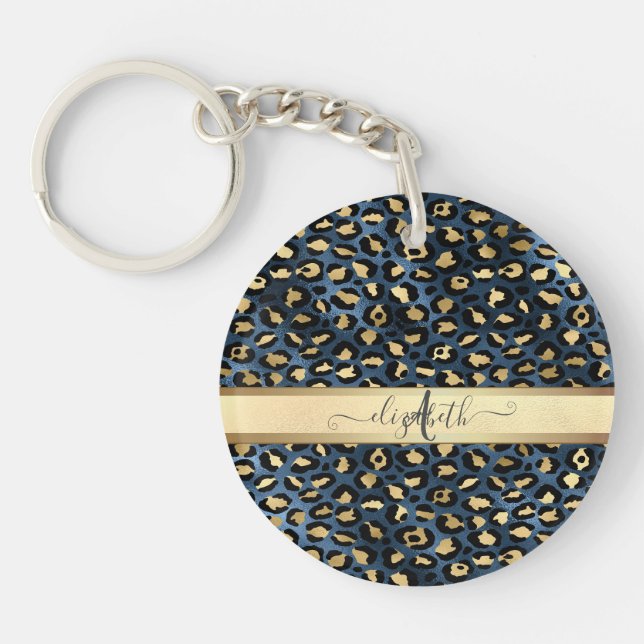 Leopard Pattern Blue Gold Monogram     Key Ring (Front)