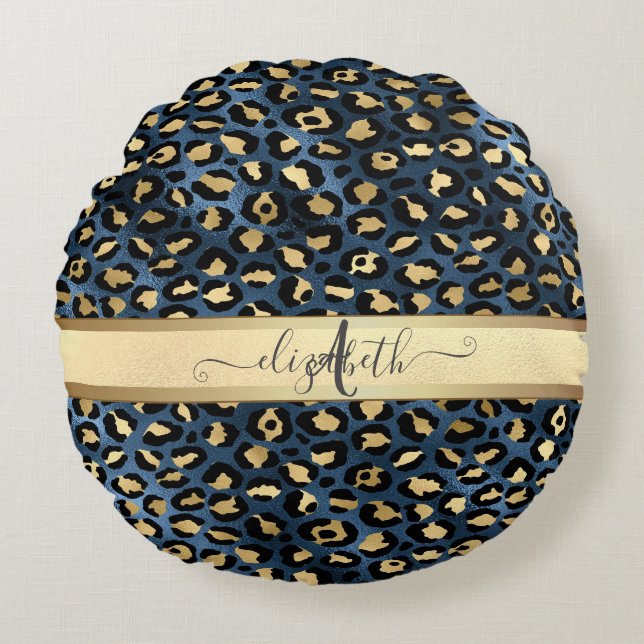 Leopard Pattern Blue Gold Monogram     Round Cushion (Front)