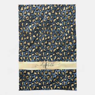 Leopard Pattern Blue Gold Monogram Tea Towel