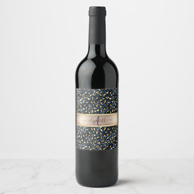 Leopard Pattern Blue Gold Monogram   Wine Label (Front)