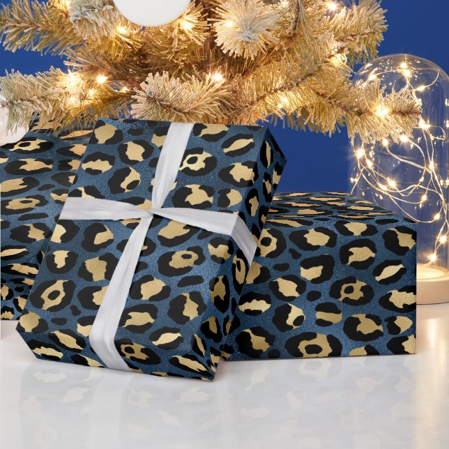 Leopard Pattern Blue Gold Wrapping Paper (Holidays)