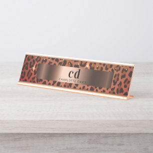 Leopard pattern brown black bronze metallic desk name plate