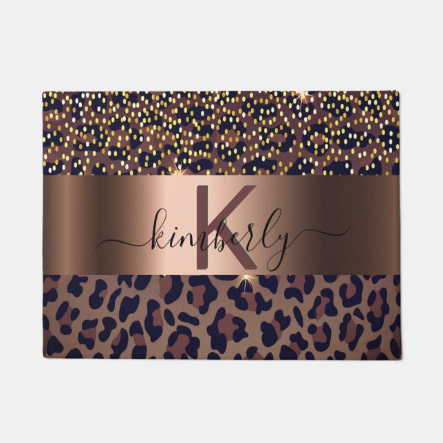 Leopard pattern brown black bronze monogram name doormat (Front)