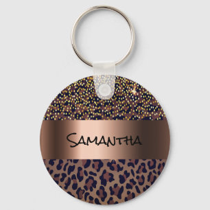 Leopard pattern brown black golden bronze metallic key ring