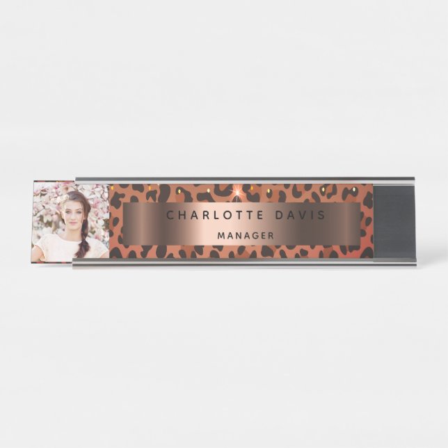 Leopard pattern brown rose gold photo desk name plate (Front)