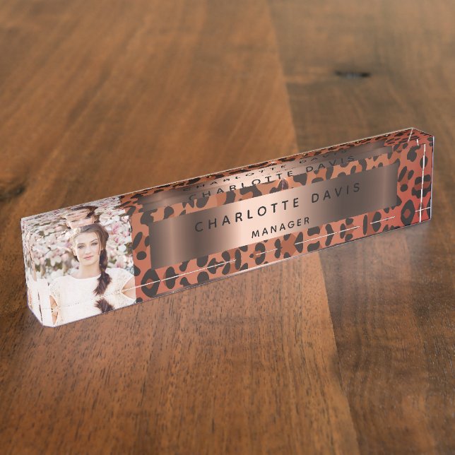 Leopard pattern brown rose gold photo nameplate (Side)