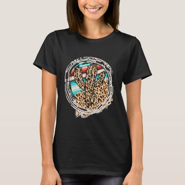 Leopard Pattern Cactus Serape Print Cowgirl Rodeo  T-Shirt (Front)