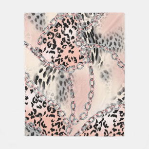Leopard pattern, flowers, chain, roses fleece blanket