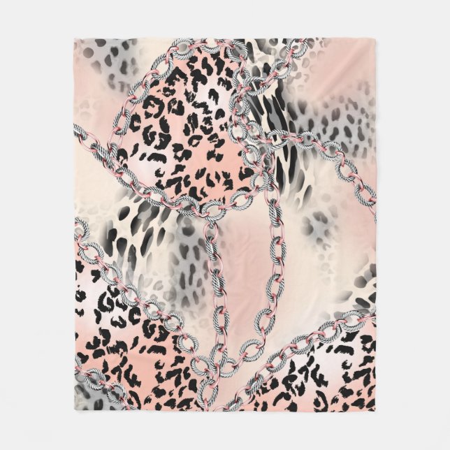 Leopard pattern, flowers, chain, roses fleece blanket (Front)