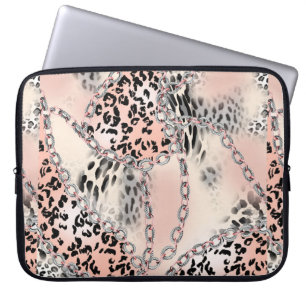 Leopard pattern, flowers, chain, roses laptop sleeve