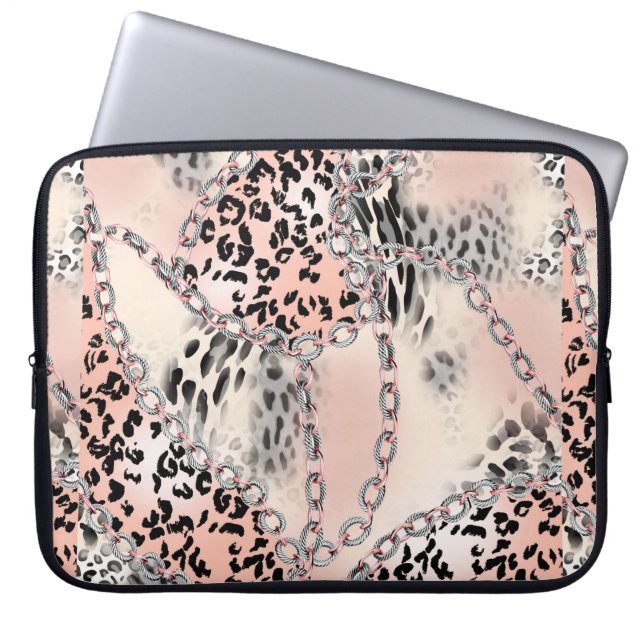 Leopard pattern, flowers, chain, roses laptop sleeve (Front)
