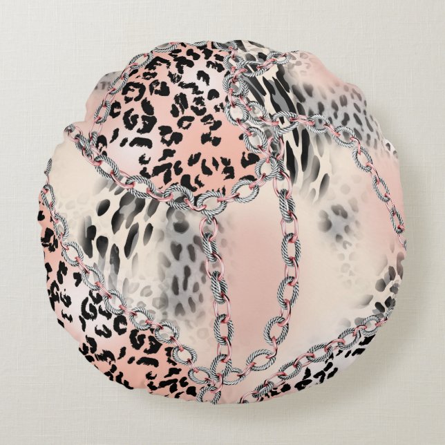Leopard pattern, flowers, chain, roses round cushion (Front)