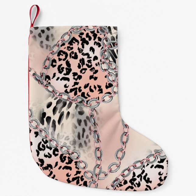 Leopard pattern, flowers, chain, roses small christmas stocking (Front)