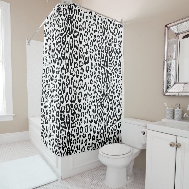 Leopard pattern in black and white shower curtain (In Situ)