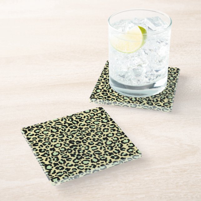 Leopard Pattern in Mint Green on Oatmeal Glass Coaster (Angled)