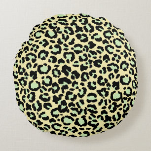 Leopard Pattern in Mint Green on Oatmeal Round Cushion