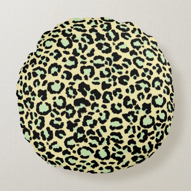 Leopard Pattern in Mint Green on Oatmeal  Round Cushion (Front)