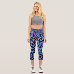 Leopard Pattern in Raspberry on Electric Blue Capri Leggings