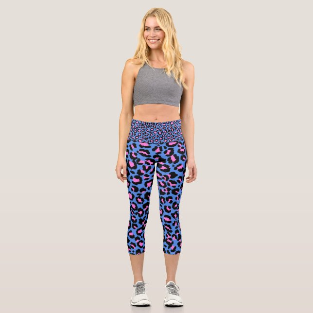 Leopard Pattern in Raspberry on Electric Blue  Capri Leggings (Front)