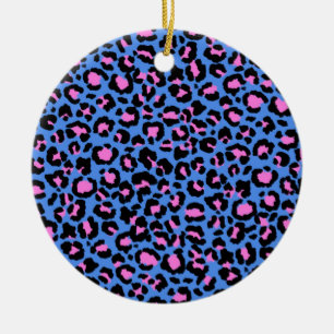 Leopard Pattern in Raspberry on Electric Blue  Ceramic Ornament