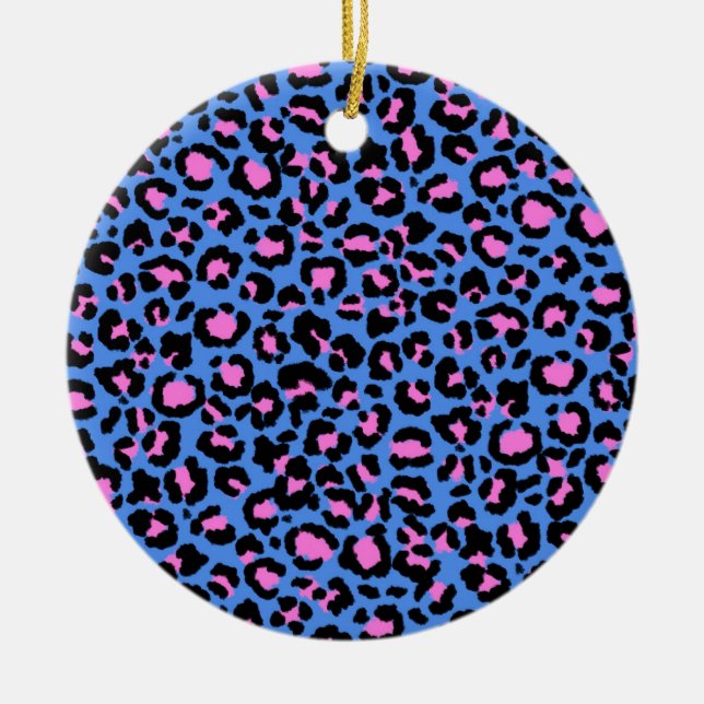 Leopard Pattern in Raspberry on Electric Blue  Ceramic Ornament (Front)