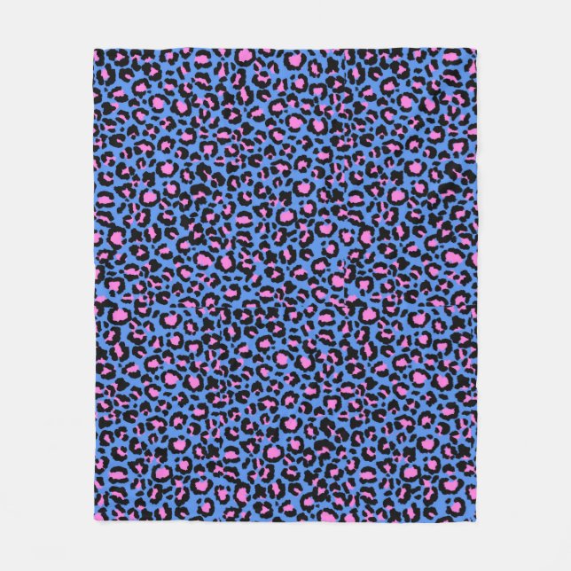 Leopard Pattern in Raspberry on Electric Blue Fleece Blanket (Front)